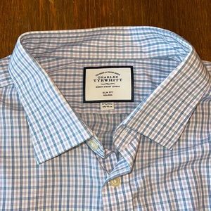 Charles Tyrwhitt Non-Iron Dress Shirt - 17 1/2 -36. Pink and blue French cuff